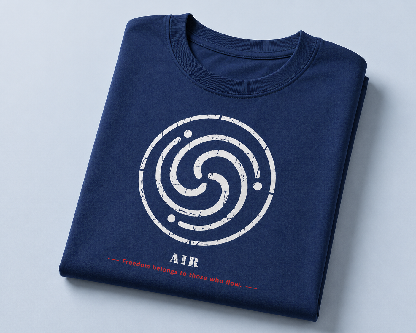 A navy blue folded t-shirt with a distressed white spiral graphic and the word 'AIR' printed on the front, set against a light gray background.