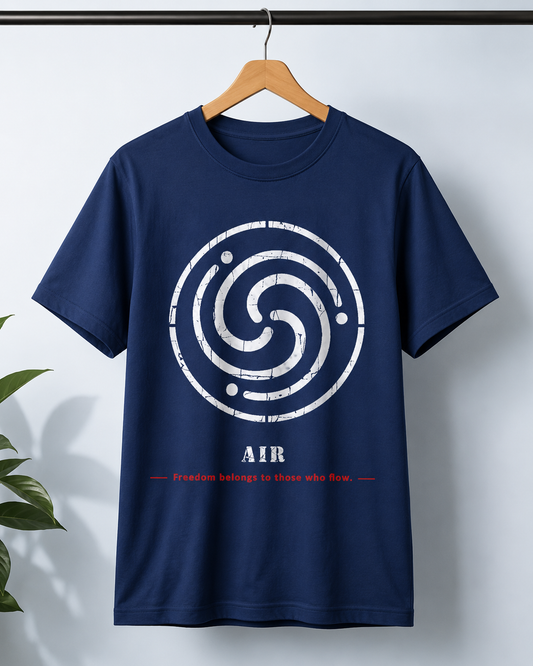 A navy blue short-sleeve t-shirt hanging on a wooden hanger against a light gray wall. The shirt features a large distressed white circular swirl graphic on the chest, with the word 'AIR' printed below in white and a small red line of text underneath reading 'Freedom belongs to those who wear.