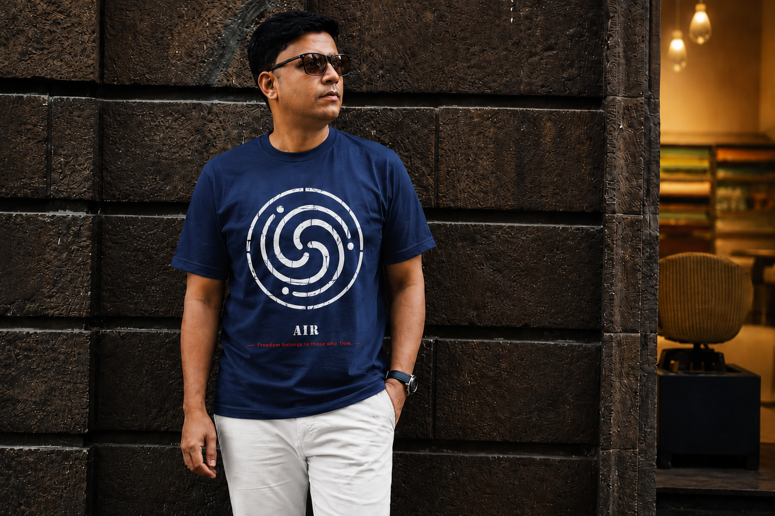 A man wearing a navy blue t-shirt with a white spiral graphic and the text 'A1R' on the front, paired with white pants, standing against a dark textured stone wall.