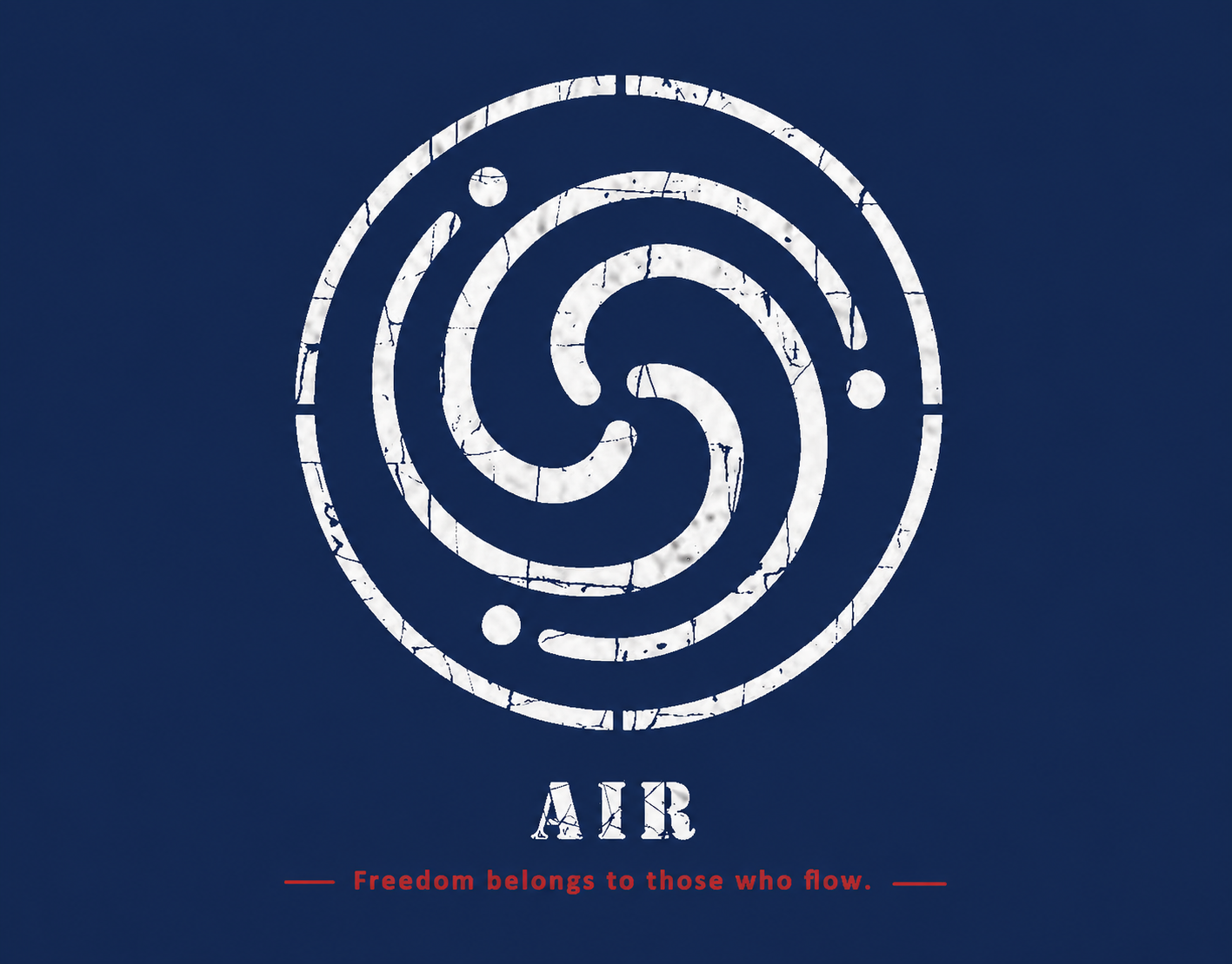 A navy blue graphic print featuring a distressed white spiral emblem, the word 'AIR' in white, and the phrase 'Freedom belongs to those who flow.' in white and red text below.